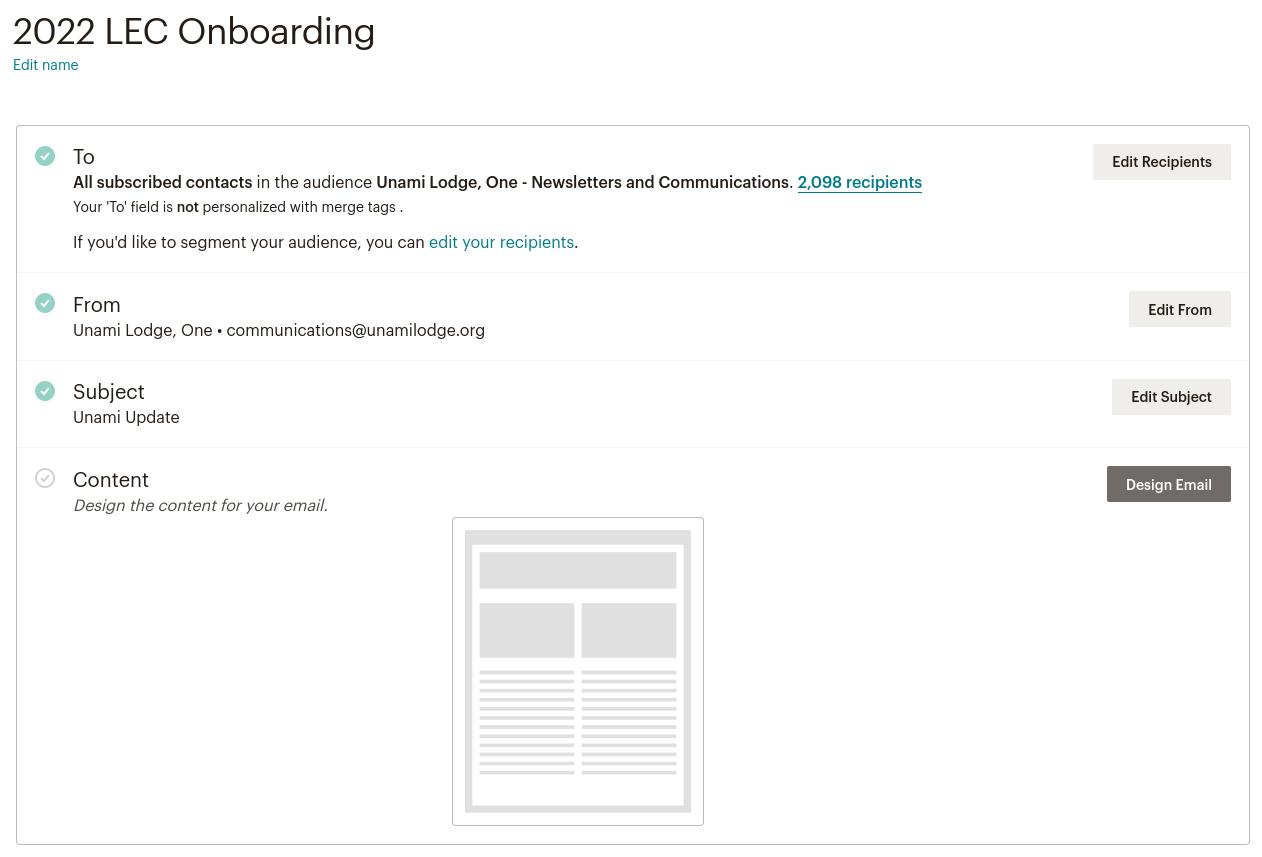 MailChimp campaign creation screen, detailing Campaign To, From, Subject, and Content.